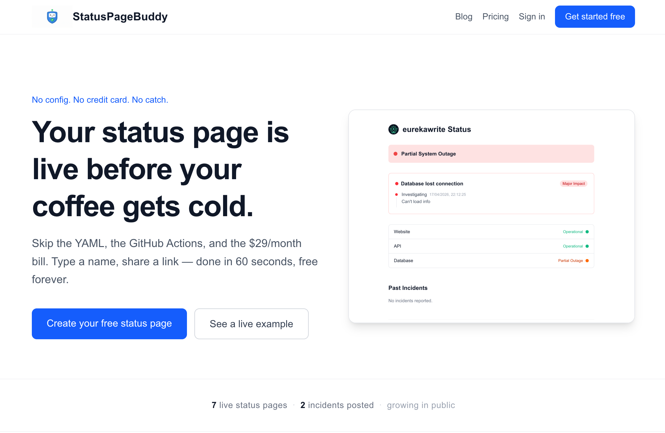 StatusPageBuddy landing hero — 60 seconds, free forever