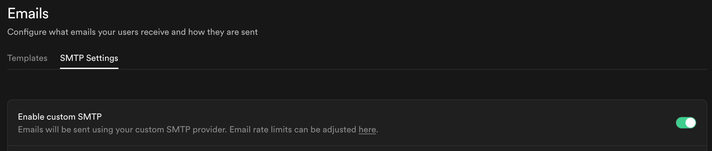 Supabase Auth SMTP settings — custom SMTP enabled via Resend