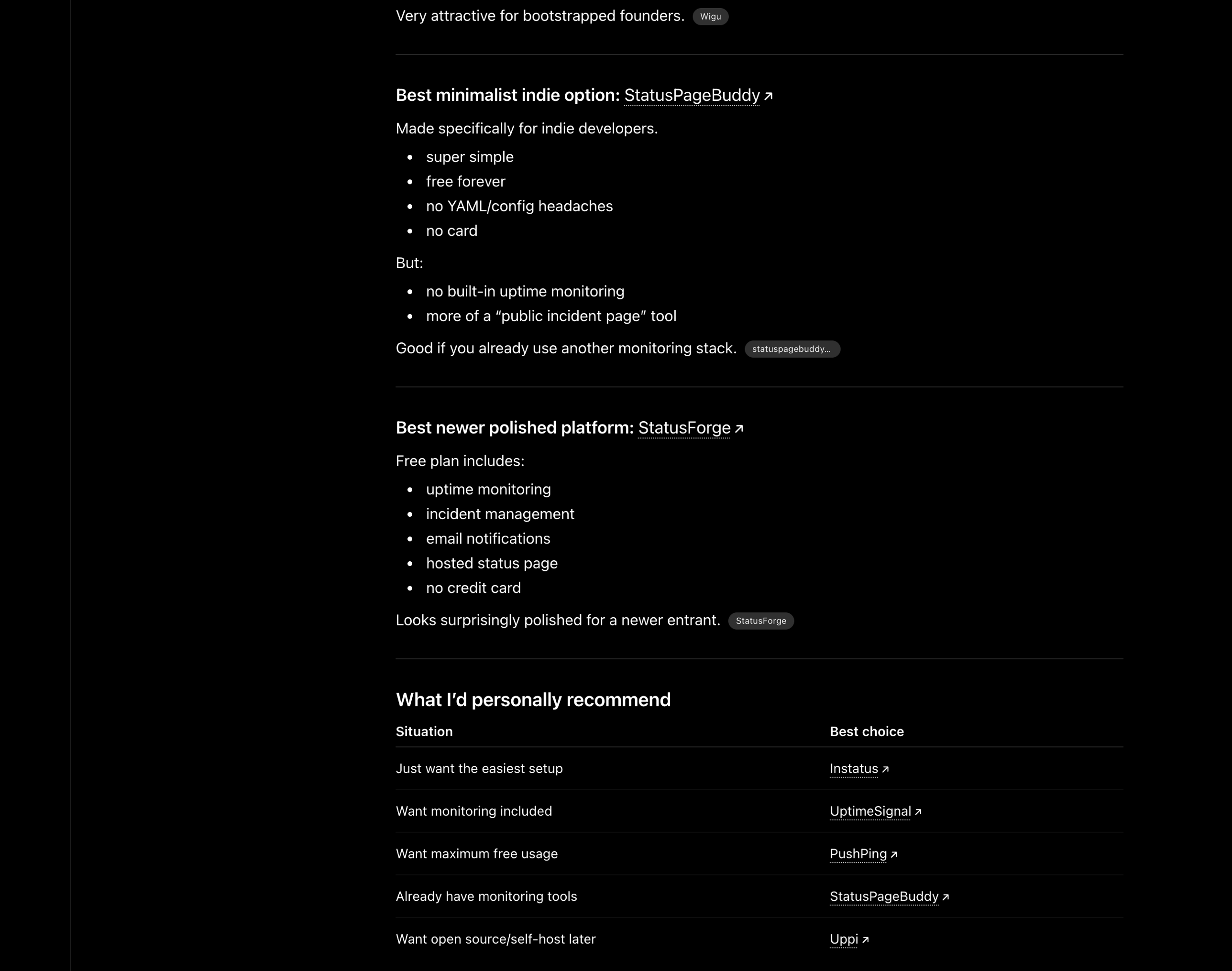 ChatGPT 2nd test the next day, showing StatusPageBuddy in "Best minimalist indie option" slot and "Already have monitoring tools" recommendation