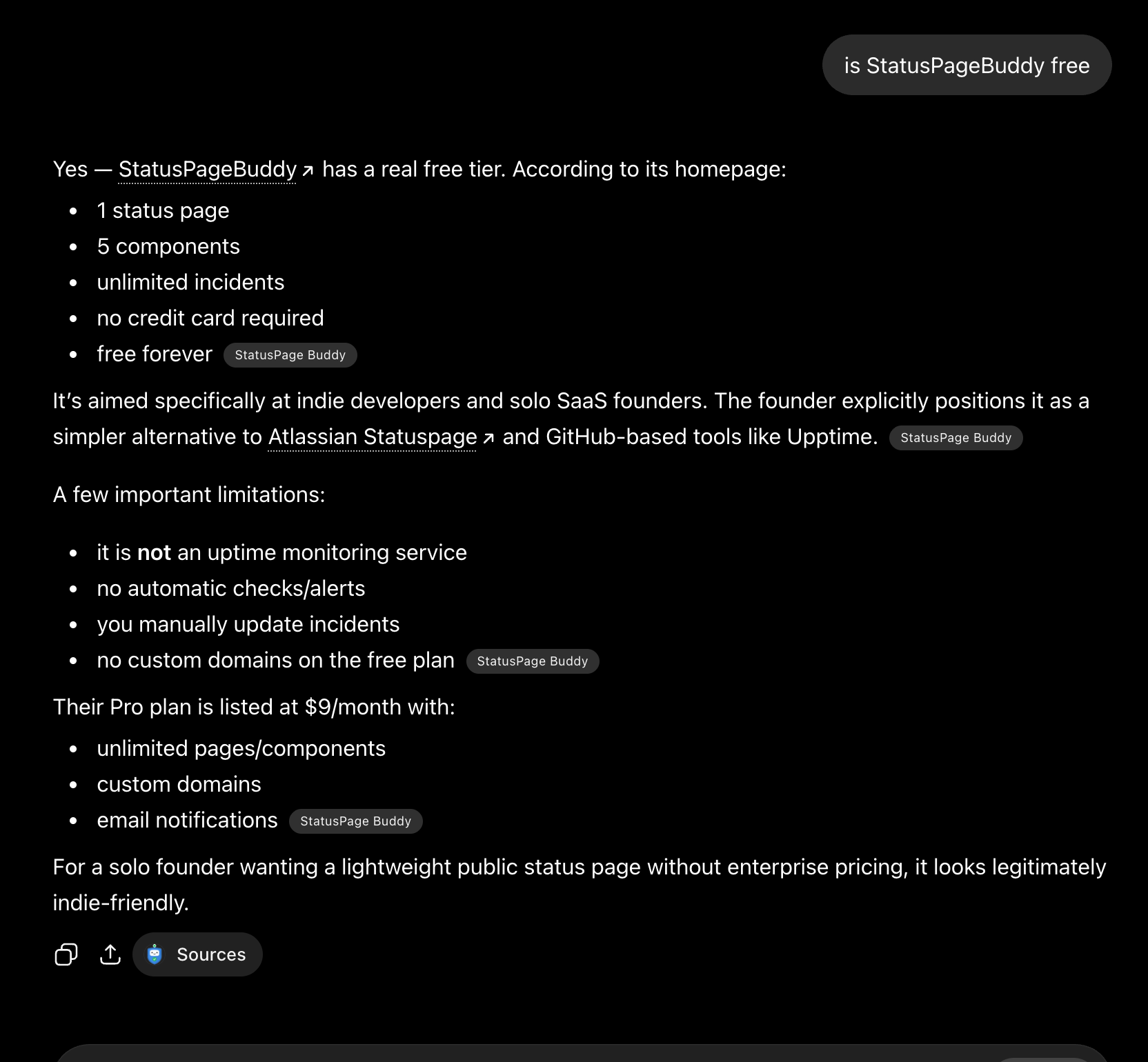 ChatGPT answering the StatusPageBuddy free tier question, citing the StatusPageBuddy site as source